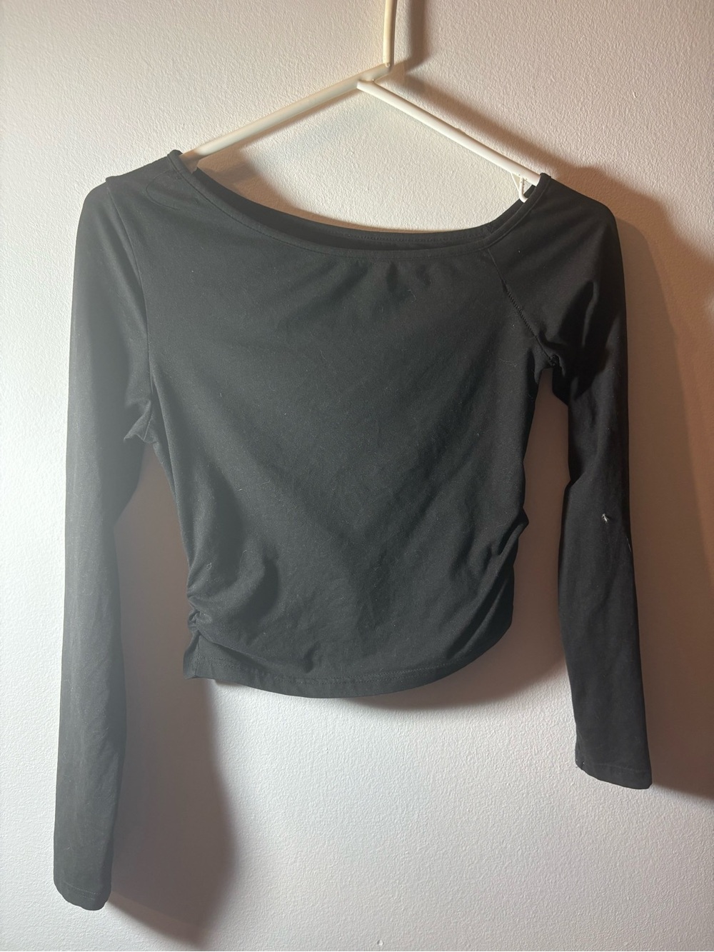 Black Boat Neck Ruched Long Sleeve Fitted Top Size Small